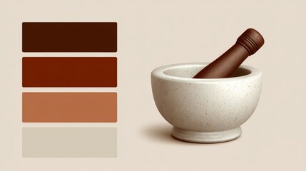 Clean composition featuring a speckled mortar and pestle next to four earthy color swatches, perfect for branding, packaging, or natural wellness and culinary themes.
