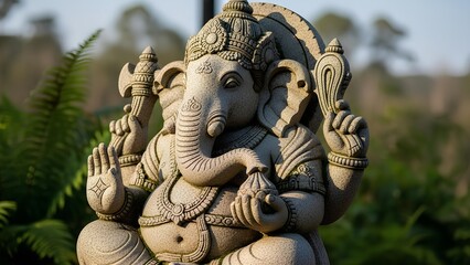 Fototapeta premium Detailed stone statue of the Hindu deity Ganesha with an elephant head, intricately carved and placed outdoors among green plants.
