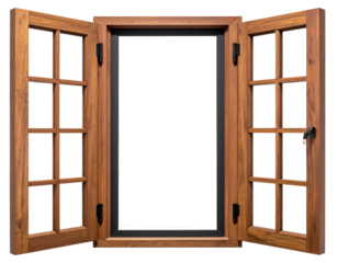 Open wooden framed window with dark interior, viewed head-on