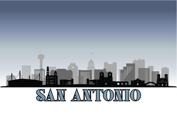 Obraz premium Global city San Antonio shown in a detailed vector skyline with grey rainy sky