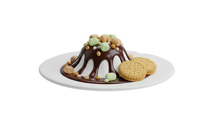 3D Dessert with chocolate sauce marshmallows and cookies on transparent background