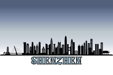 Fototapeta premium Global city Shenzhen shown in a detailed vector skyline with grey rainy sky