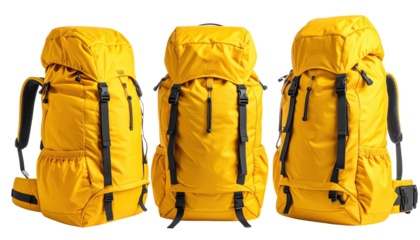 Three yellow, outdoor backpacks, side-by-side, against a plain backdrop