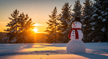 Fototapeta premium Smiling snowman with a red scarf during a stunning sunset in a snowy landscape