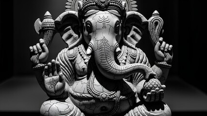Intricately carved black and white statue of the Hindu deity Ganesha, featuring detailed ornamentation and dramatic lighting.