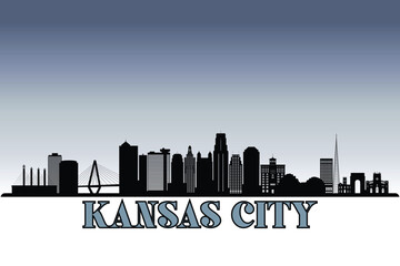 Fototapeta premium Global city Kansas City shown in a detailed vector skyline with grey rainy sky
