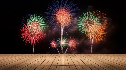 Colorful Fireworks Display Over Empty Wooden Deck Stage Background At Night For New Year Celebration And Festive Events