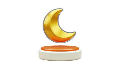 3D Golden Crescent Moon on a White and Orange Podium on transparent background
