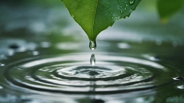 Close-up of a single water droplet falling from a green leaf into a puddle, creating ripples on the surface.