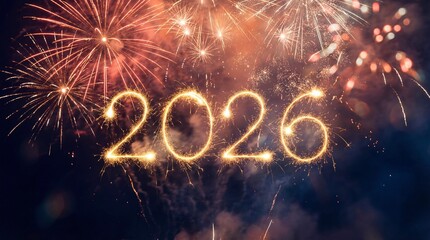 Happy New Year 2026 Written With Sparklers Against Sky Background With Bright Golden Fireworks Display For Holiday Celebration