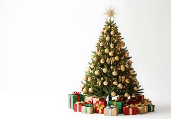 A beautiful christmas tree decorated with golden ornaments and gifts underneath, isolated on a white background.