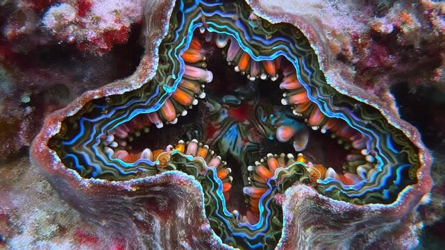 Close-up of a vibrant giant clam with intricate patterns and colors in a coral reef ecosystem.
