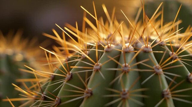 Close-up of a vibrant green cactus with sharp yellow spines in a desert garden.