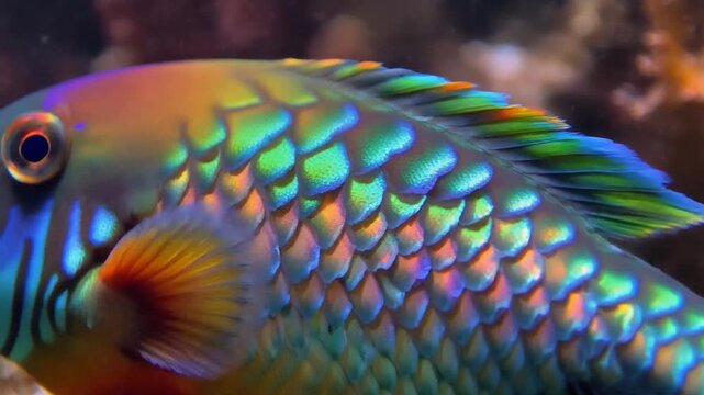 Close-up of a vibrant, iridescent parrotfish swimming gracefully in its natural underwater habitat.