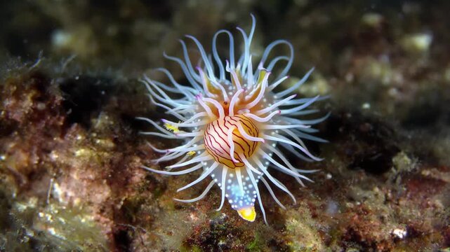 Close-up of a vibrant nudibranch with intricate patterns and delicate cerata, showcasing its unique marine beauty.