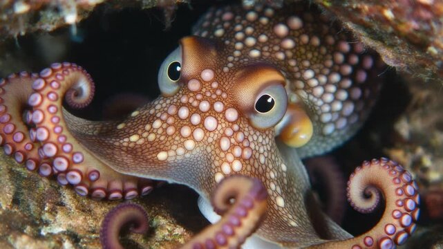 Close-up of a vibrant octopus with intricate patterns and textures, showcasing its captivating eyes and tentacles amidst a colorful coral reef environment.