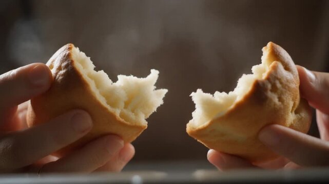 Close-up of hands breaking apart a warm, freshly baked bread roll, steam rising from the soft interior.