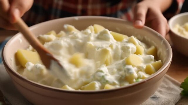 Close-up of hands mixing a creamy potato salad in a bowl, preparing a delicious side dish for a meal.