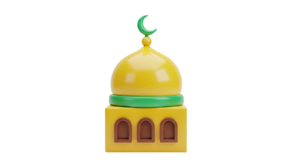 3D Cartoon Mosque Icon with Crescent Moon on transparent background