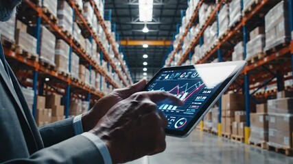 Person using tablet with analytics in large warehouse interior - Powered by Adobe