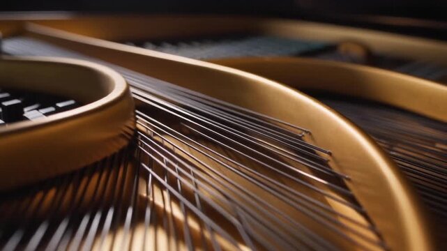 Close-up of the intricate strings and hammers inside a grand piano, showcasing the musical instruments detailed mechanics and craftsmanship.
