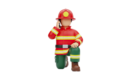 3D Firefighter Character on Knee Talking on Cell Phone on transparent background