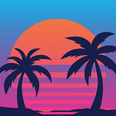 Obraz premium Vibrant Retro Sunset Palm Tree Background