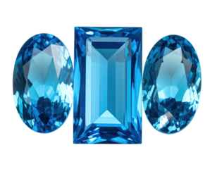 Three brilliant blue gemstones oval, emerald, and oval cut, black background