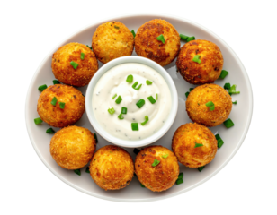 Plate of fried golden spheres encircling a creamy white dip, garnished