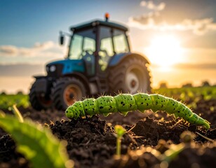Green caterpillar crawls in a field, with a tractor blurred in the background at sunset
