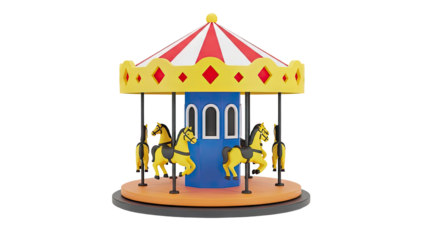 3D Carousel with yellow horses and red and white striped roof on transparent background