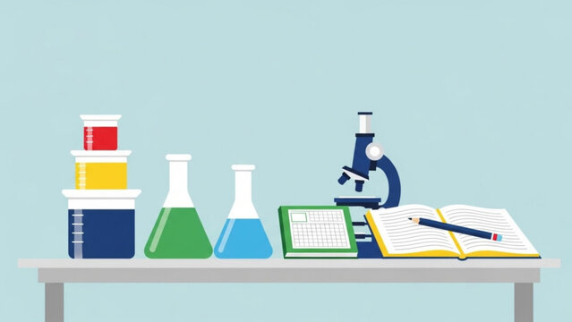 A laboratory table with colorful beakers, a microscope, and school supplies on a light blue background