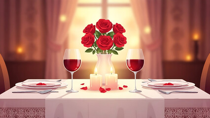 Romantic dinner for two with red roses, candles, and wine, set in a warm, inviting atmosphere, perfect for a special anniversary or Valentine's Day celebration