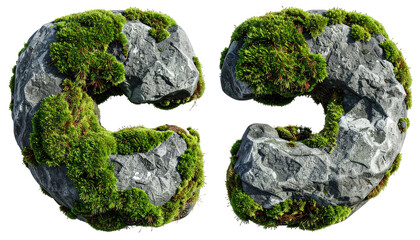 Two letter "C" shapes made of stone and covered in vibrant green moss