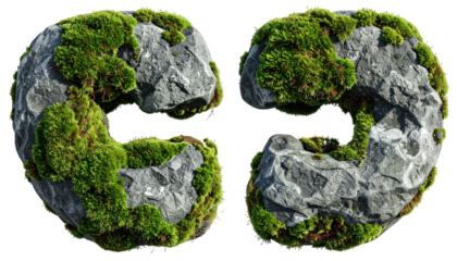 Two letter "C" shapes made of stone and covered in vibrant green moss