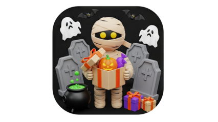 3D Cute Mummy with Halloween Gifts and Tombstones on transparent background