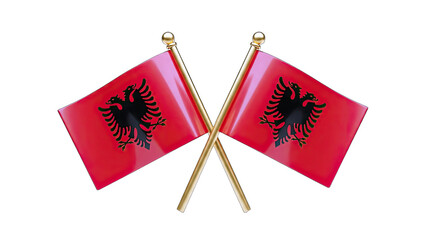3D Two Albanian flags crossed with golden poles on transparent background