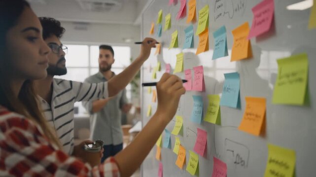Diverse creative team brainstorming ideas with sticky notes on a glass wall in a modern office.