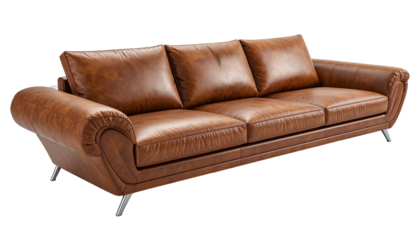 Brown leather sofa with three cushions, modern design, metal legs
