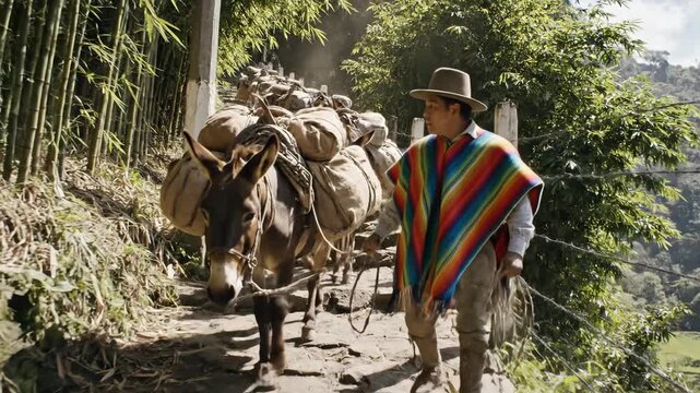 Person walking with donkey carrying supplies up stone path