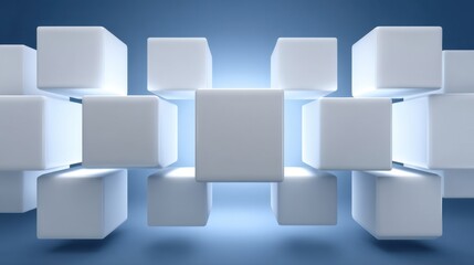 Abstract composition of glowing white cubes arranged in a modern 3D space with soft blue gradient background for creative design projects