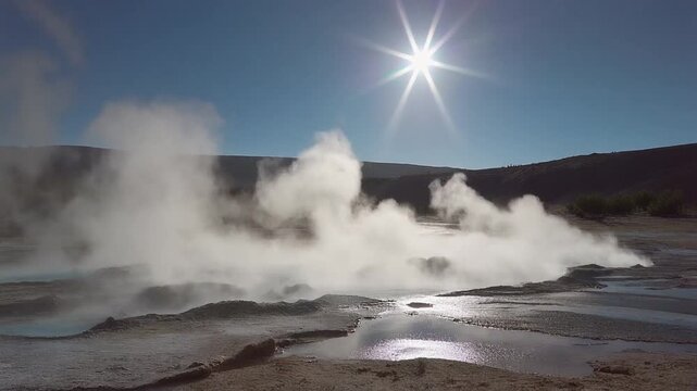 El Tatio Geysers in Atacama Desert, Chile, Steaming Hot Springs at Sunrise.