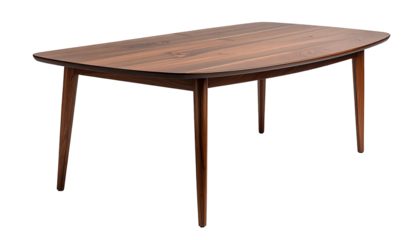 A wooden, mid-century modern style coffee table with a dark finish