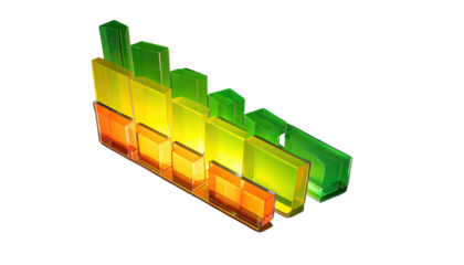 3D bar chart, multicolored, angled, declining, on black background