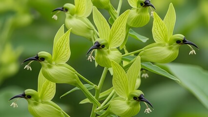 Concept art of Crotalaria cunninghamii flowers mimicking small birds on a stem, 3D illustration