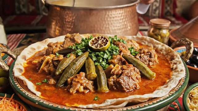 Chef preparing a traditional meal in a rustic setting with copper cookware
