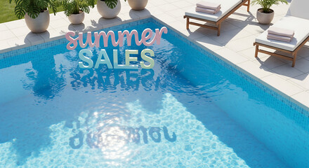 Vibrant Summer Sales Promotion Floating in a Sparkling Blue Swimming Pool with Lounge Chairs and Green Plants, Overhead View