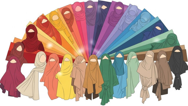 Collection of diverse colorful hijabs and niqabs representing a spectrum of Islamic fashion choices isolated on white