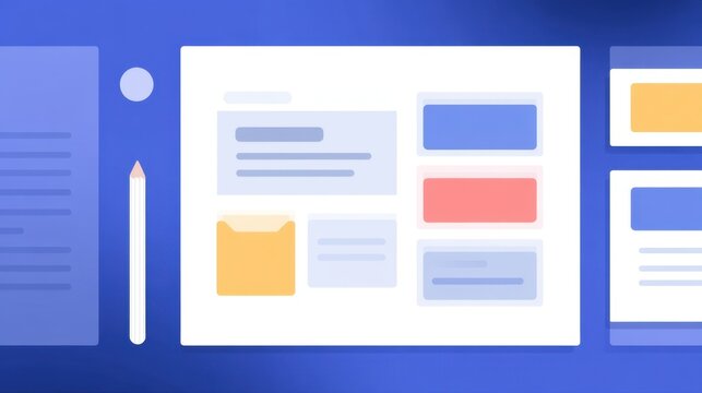 Creative workspace with digital interface, stationery items, and colorful design elements on a solid blue background for modern project presentations and marketing - Powered by Adobe