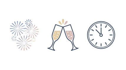 Celebratory illustration including fireworks, toasting champagne glasses, and a clock at five minutes to midnight.